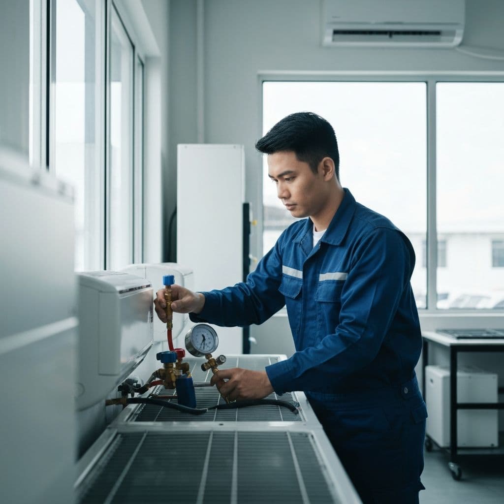 Gas Refilling - Professional technician performing refrigerant refilling